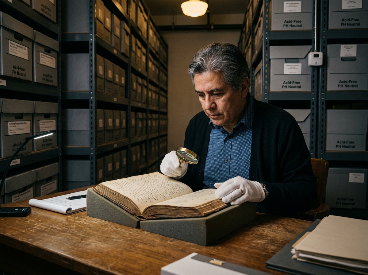 Fred Gutierrez examining rare historical manuscripts in archival vault