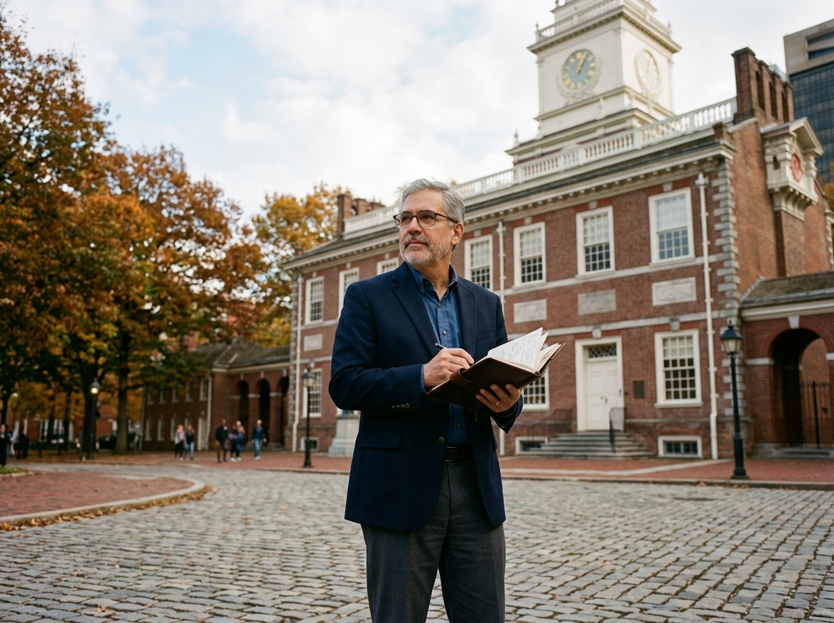Fred Gutierrez outside Independence Hall in Philadelphia
