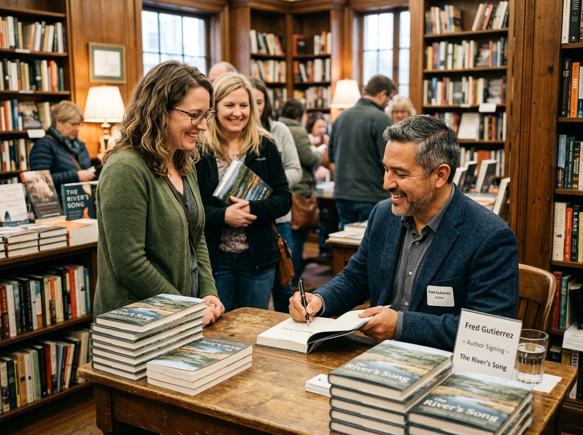Author Fred Gutierrez signing books for readers at historic bookstore