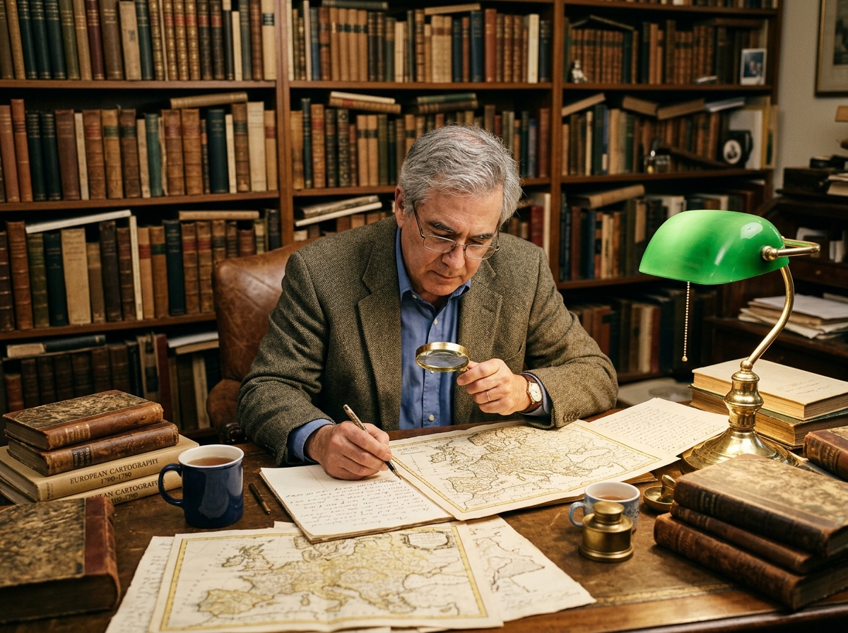 Historian Fred Gutierrez in his private book study examining antique maps
